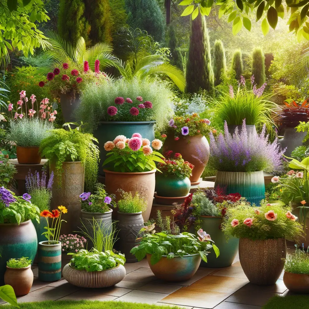 Įvairių dydžių, formų ir spalvų lauko vazonai, pilni žydinčių augalų, prieskoninių žolelių ir lapuočių