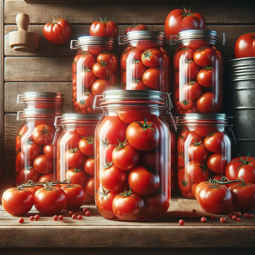 Vakuoti pomidorai ant medinės virtuvės lentynos